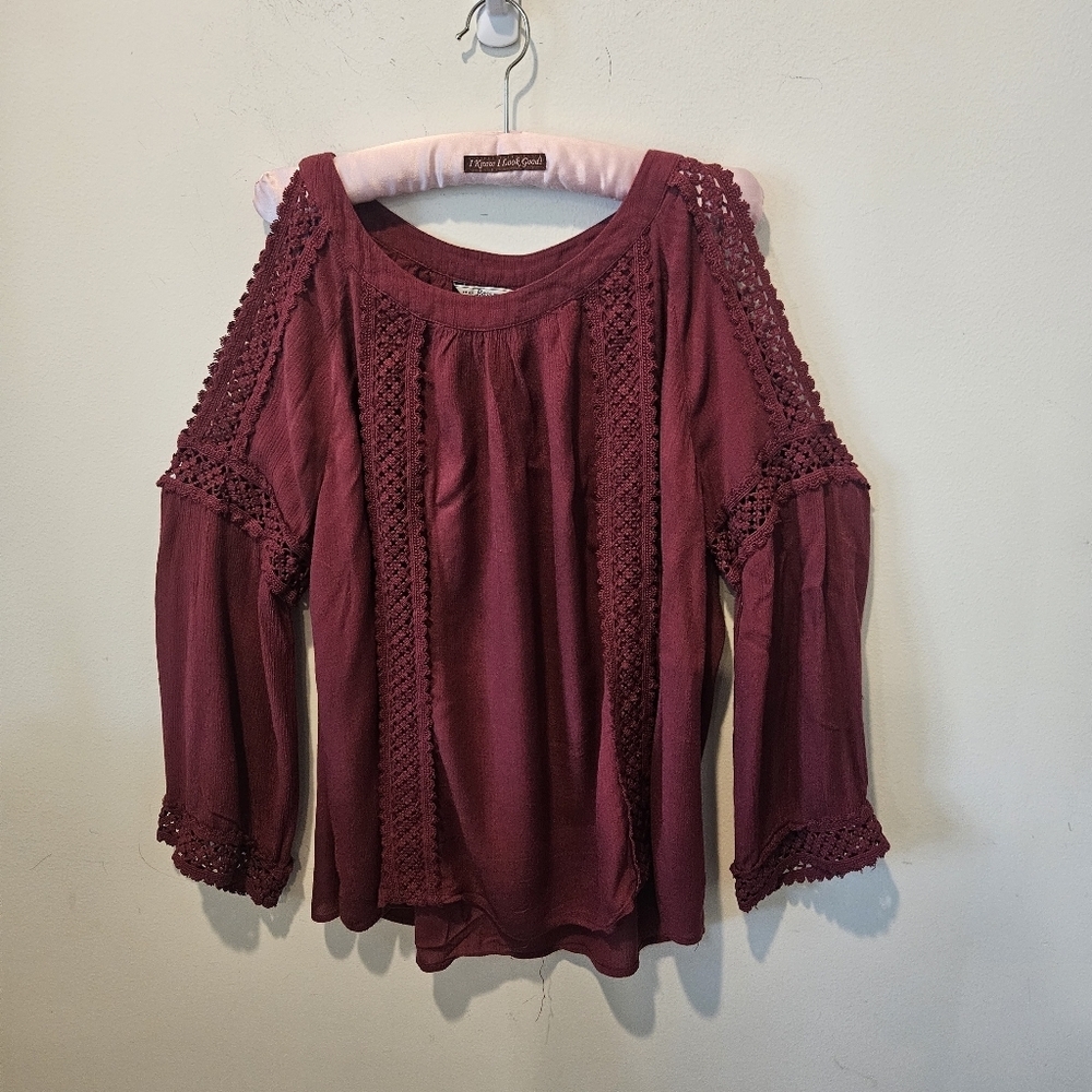 Bass Women's Burgandy Cold Shoulder Boho Blouse Embroidered Detail Lace, XLP